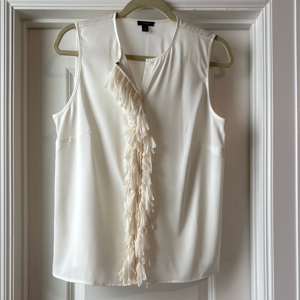 ANN TAYLOR Elegant White/Cream Sleeveless Top with Ruffle Detail
